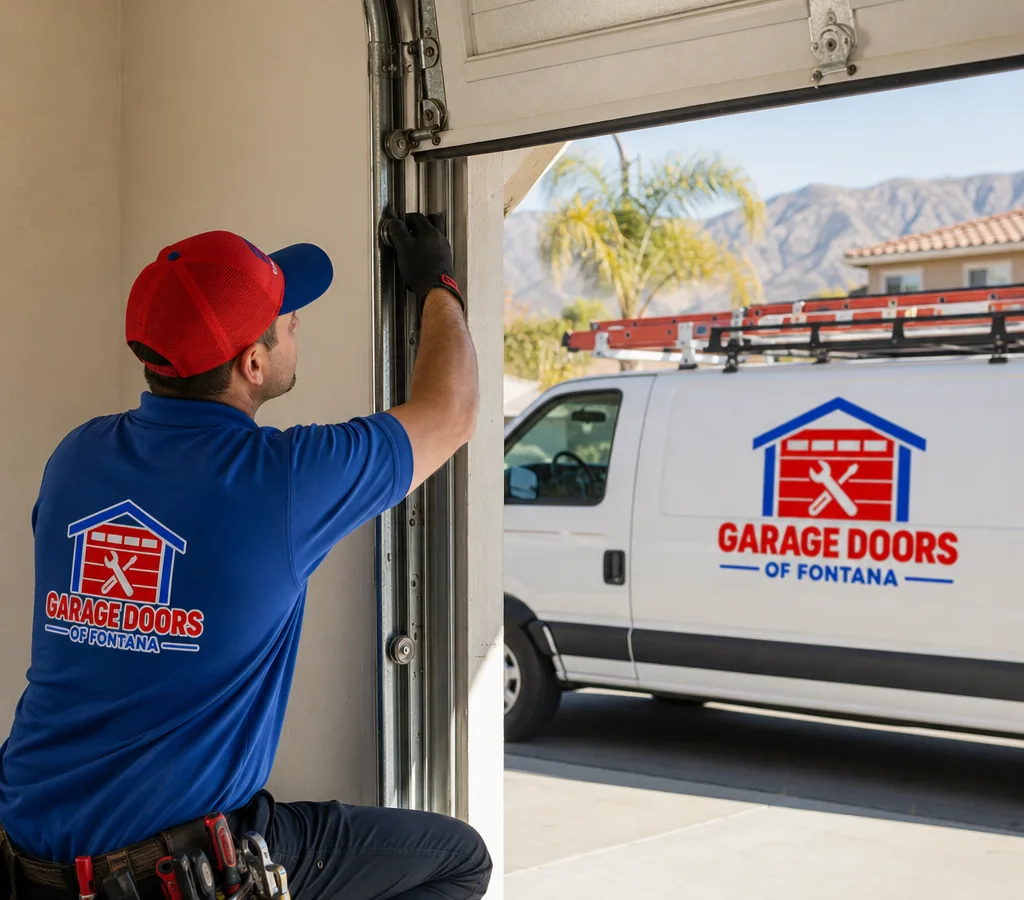 Contractor inspecting the track and rollers of a partially open residential garage door in Fontana