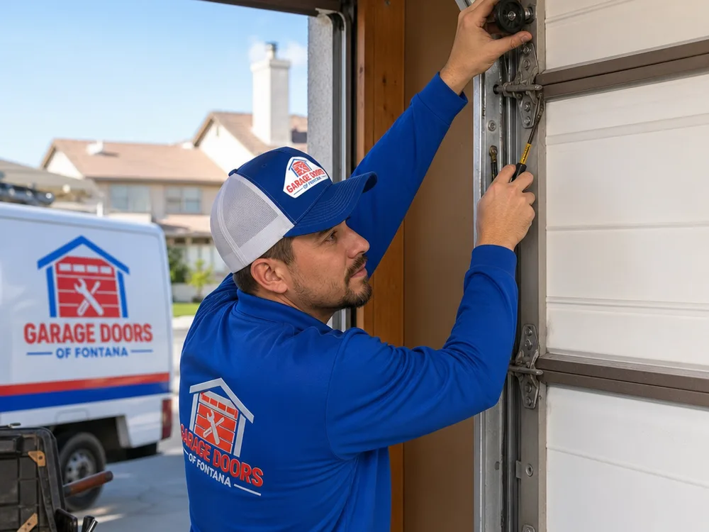 Contractor replacing a worn roller and inspecting sectional door hinges