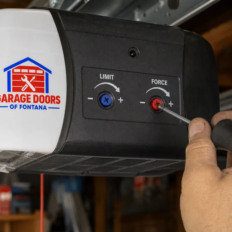 Close-up of travel limit and force adjustment controls on a ceiling-mounted opener