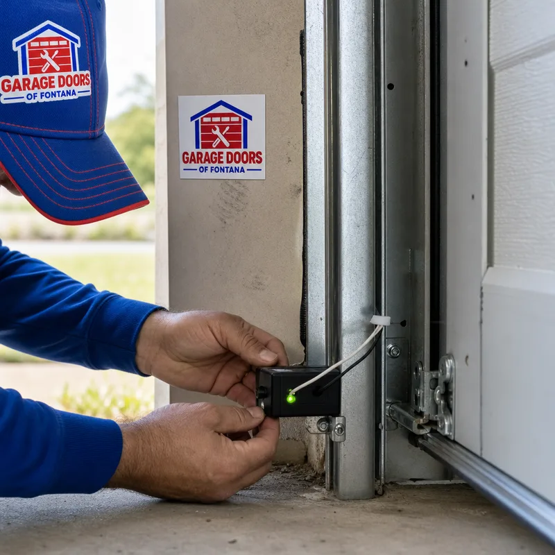 Garage door safety photo-eye sensor with its alignment light visible and wiring being inspected