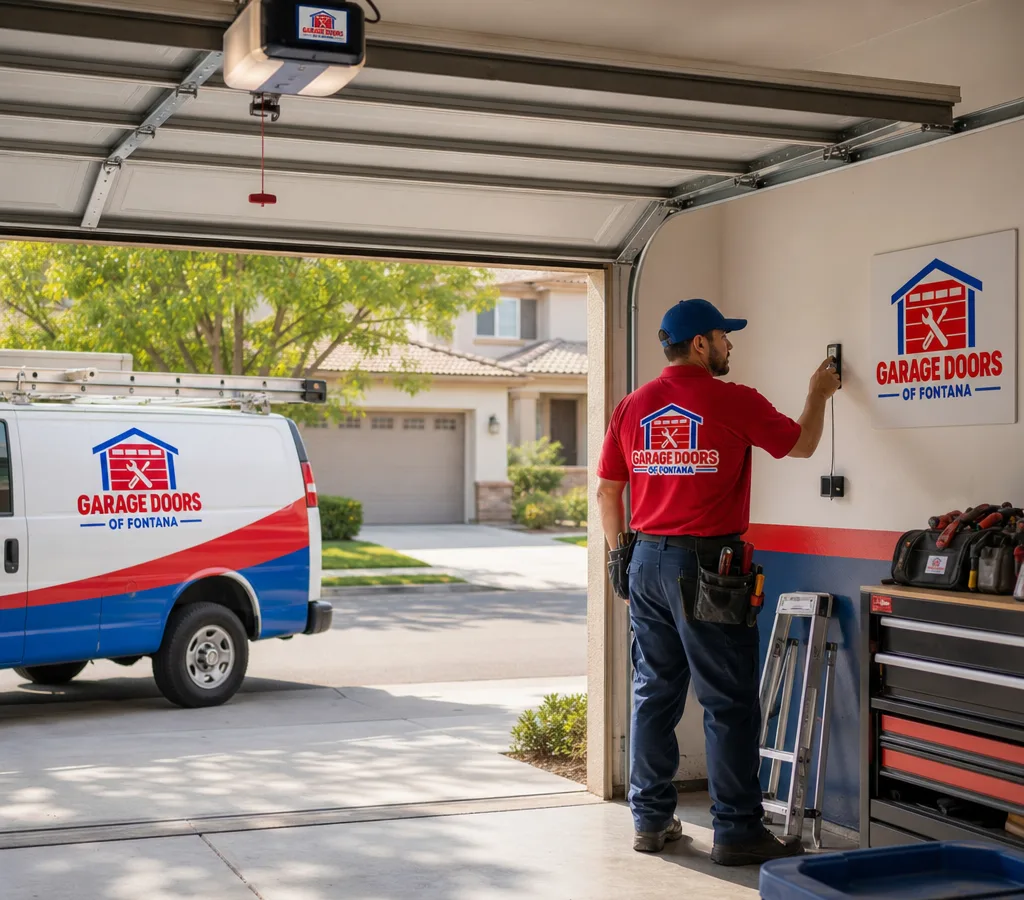 Contractor testing a residential garage door opener, wall control, and safety sensors