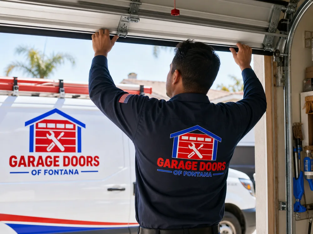 Contractor checking garage door balance by lifting it manually with the opener disengaged