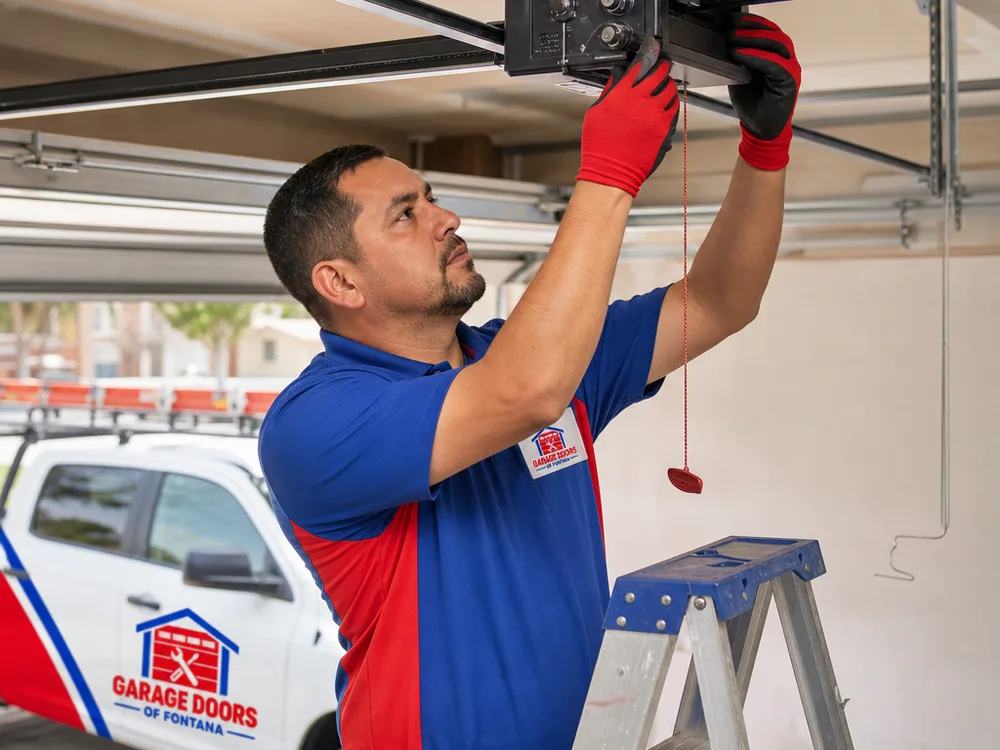 Contractor inspecting an opener rail, trolley, drive tension, and adjustment controls