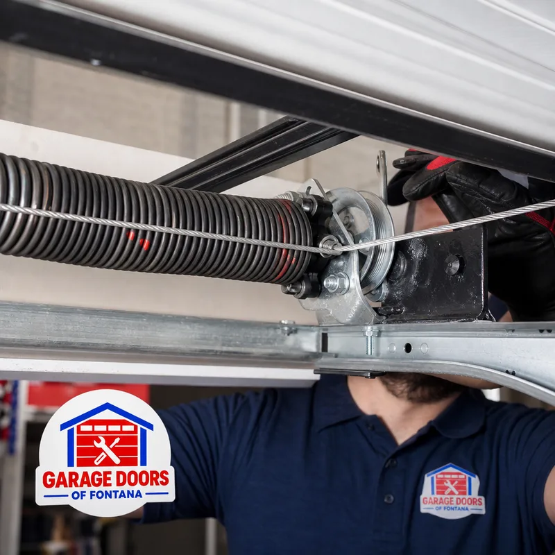 Extension spring system with a pulley, hook points, and safety cable along a horizontal track