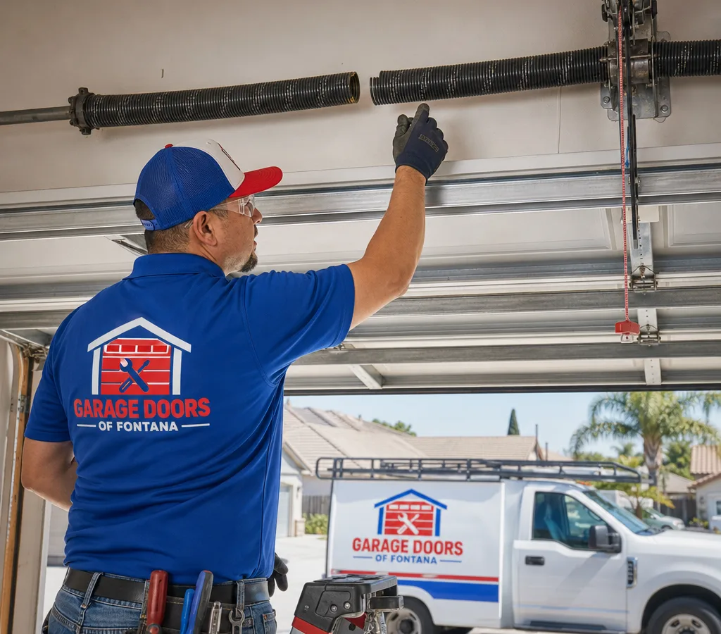 Residential garage door with a separated torsion spring above the partially open door