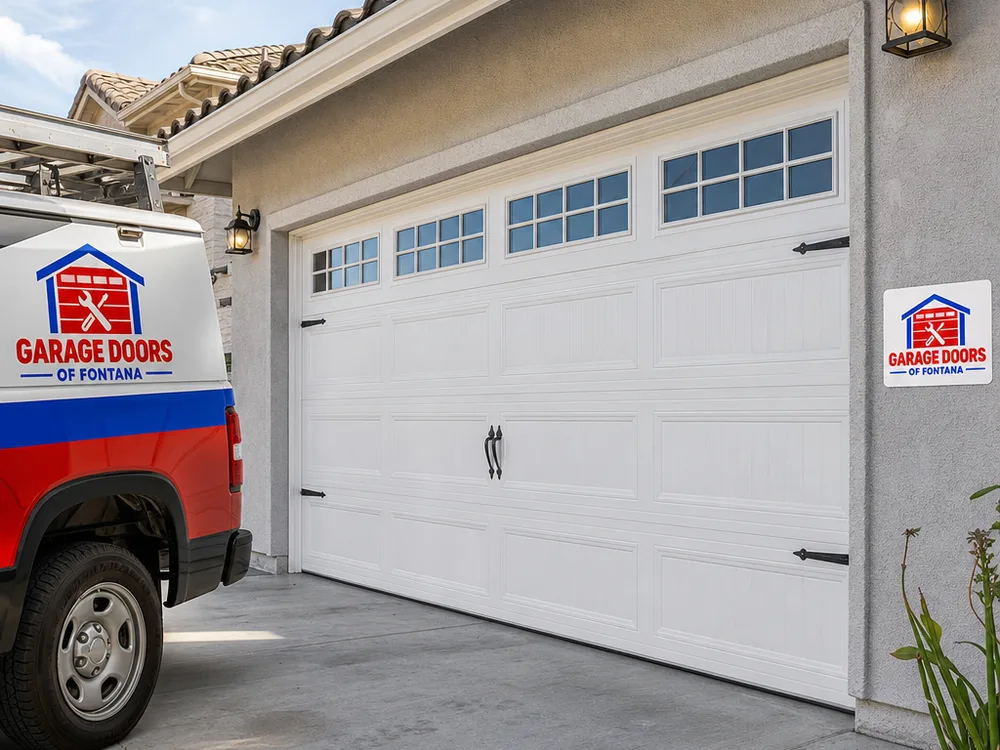 Balanced residential garage door with an installed torsion spring and even bottom seal contact