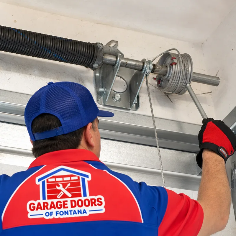 Torsion spring assembly with center bearing plate, cables, and drums above a garage door