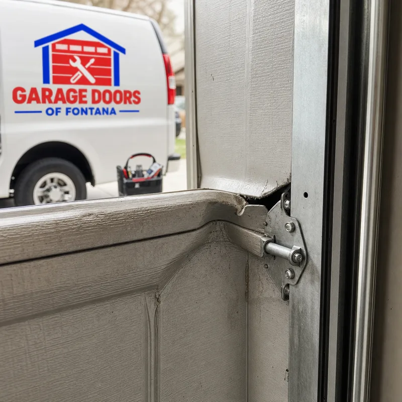 Cracked and deeply dented steel garage door panel at a hinge seam affecting panel alignment