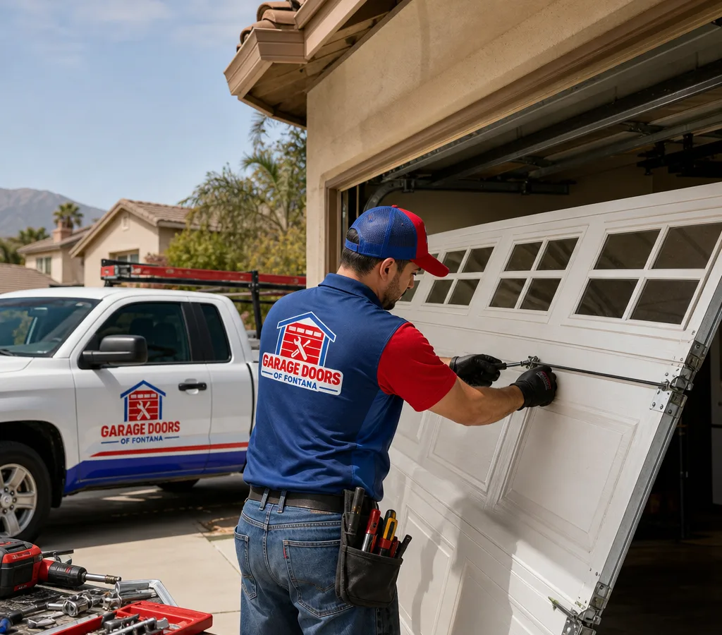 Contractor removing a residential sectional garage door from its tracks using hand tools
