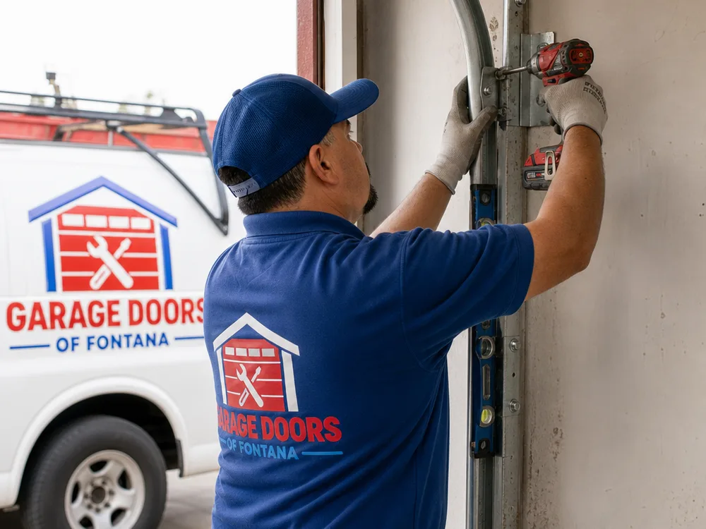 Contractor aligning garage door track with a level and tightening track brackets to the jamb
