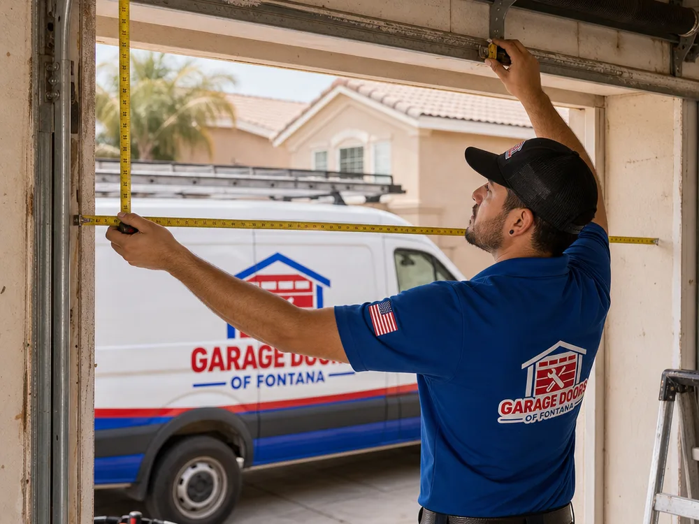 Contractor measuring garage door opening width, headroom, track clearance, and torsion spring space