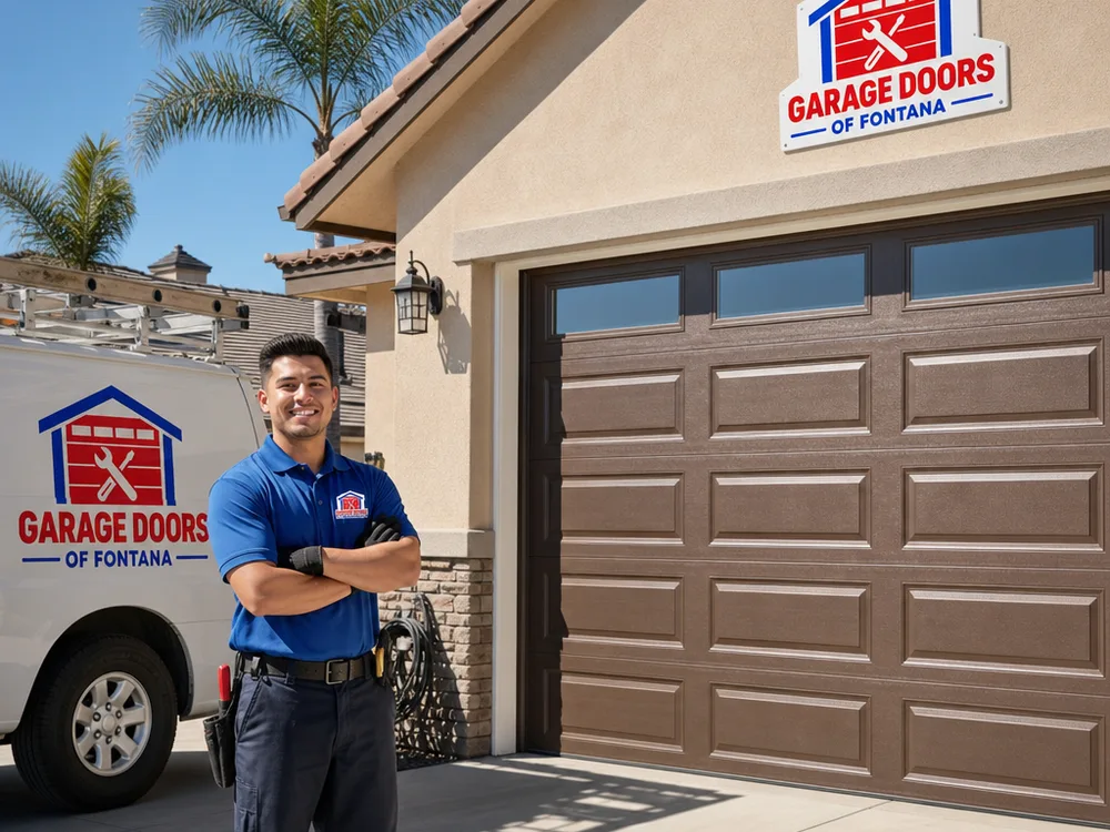 Finished residential sectional garage door with straight vertical tracks and clean perimeter weather seal