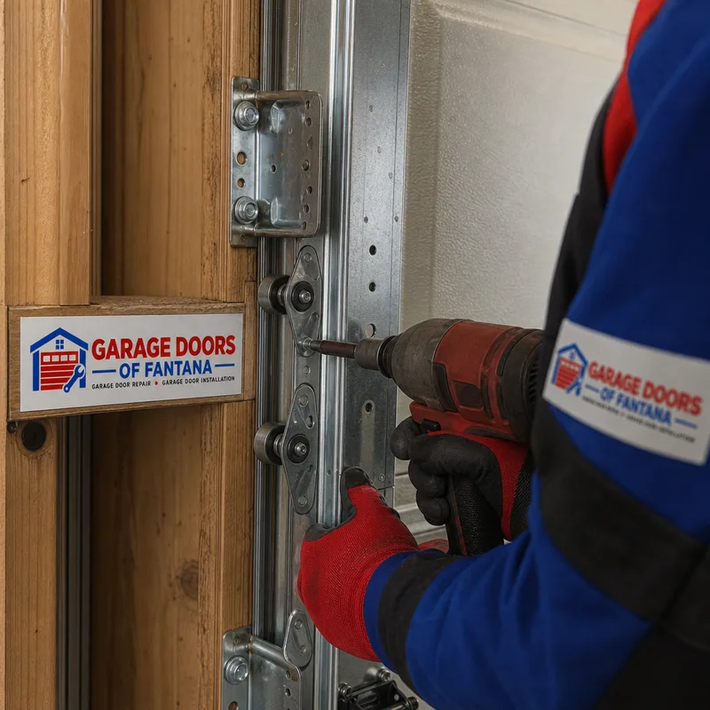 Vertical garage door track aligned at the jamb with lag screws and spaced rollers