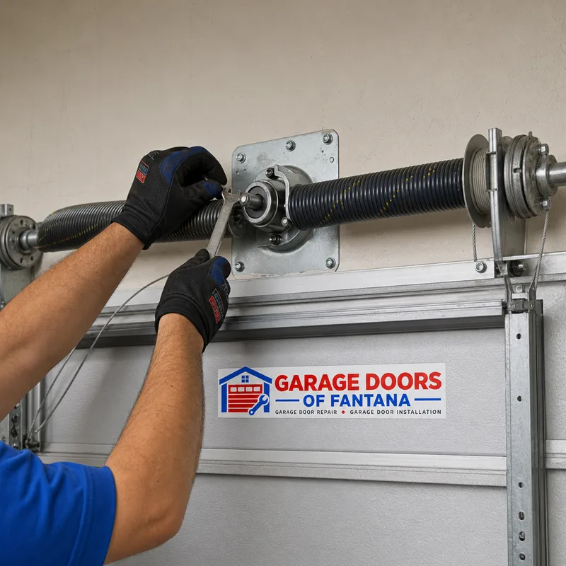 Torsion spring assembly with center bearing plate, cable drums, and routed lift cables
