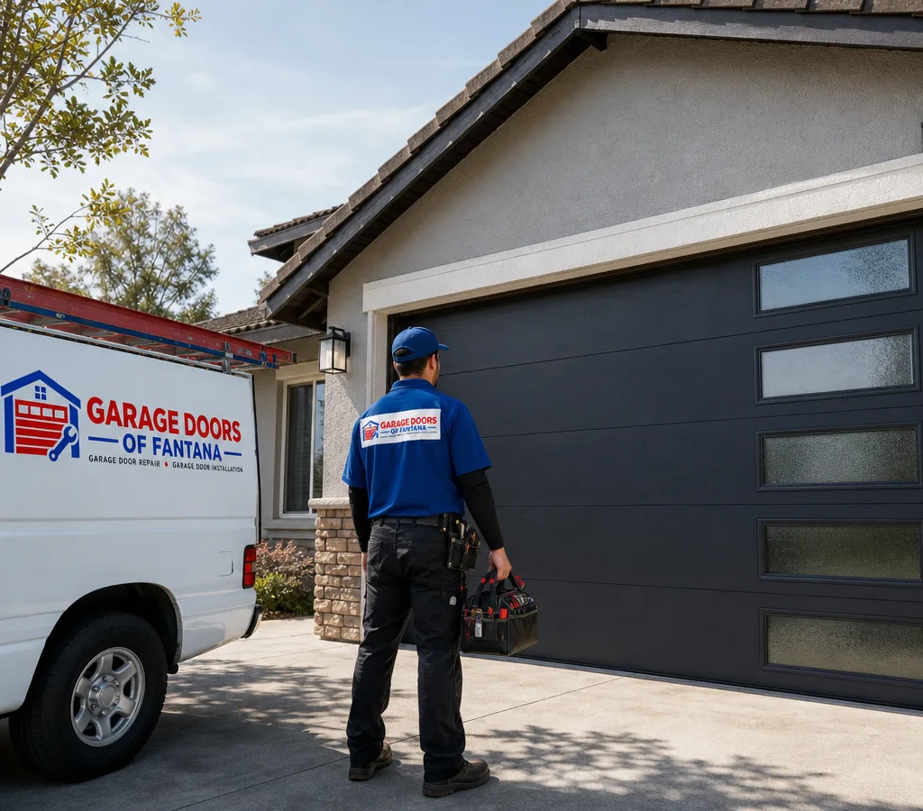 Modern residential overhead garage door installed on a single-family home, viewed from the driveway