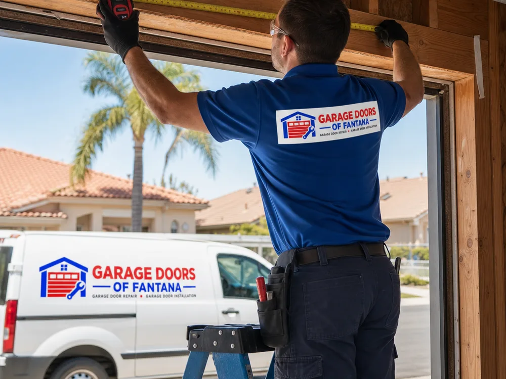 Contractor measuring a garage door opening and checking headroom above the header