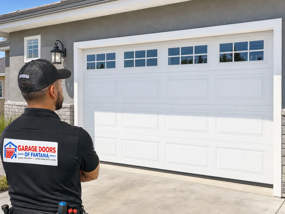 Residential overhead garage door with top panel windows and a modern exterior design