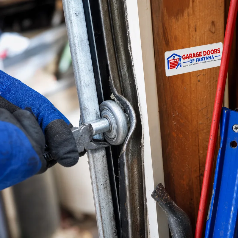 Garage door roller riding on the edge of a bent vertical track
