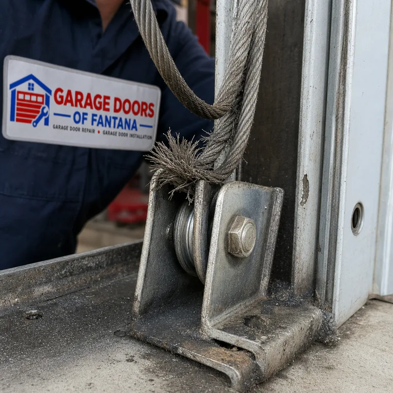 Frayed garage door lift cable near the bottom bracket with broken strands visible