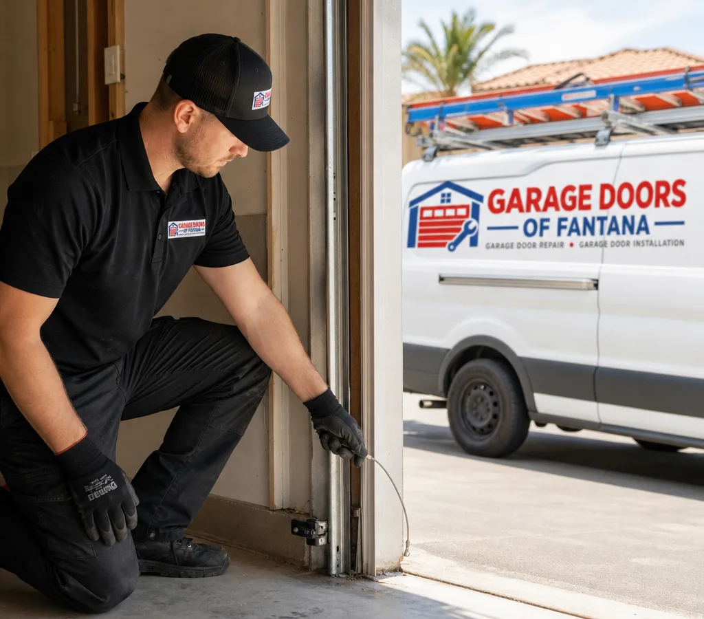 Residential garage door with a slack lifting cable being examined beside the vertical track