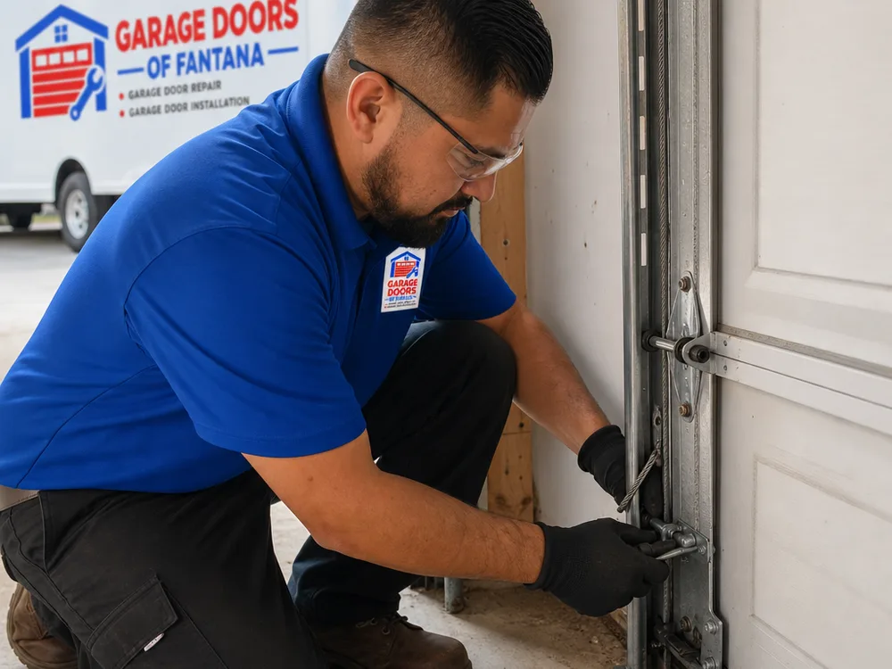 Contractor inspecting a garage door bottom bracket, cable attachment, roller, and vertical track