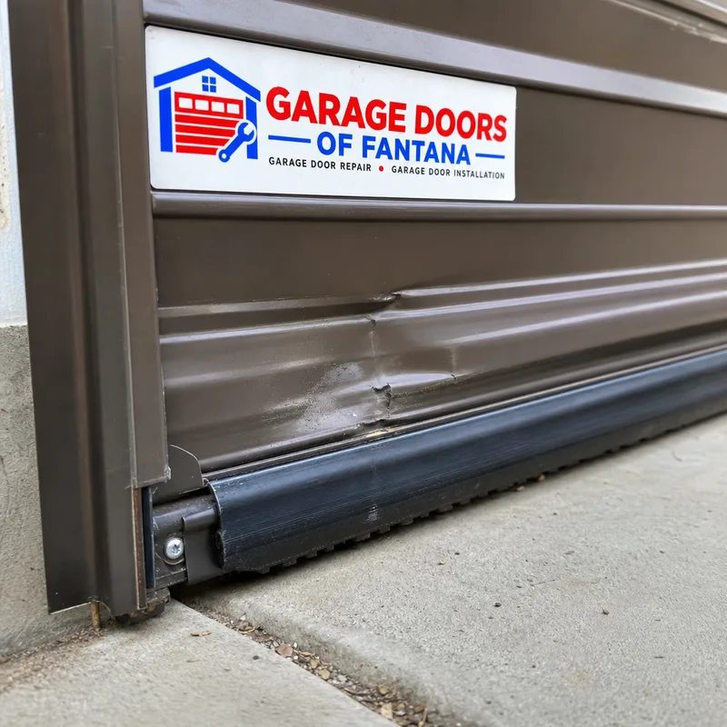 Close-up of the bottom bar and rubber astragal on a commercial roll-up door with impact damage