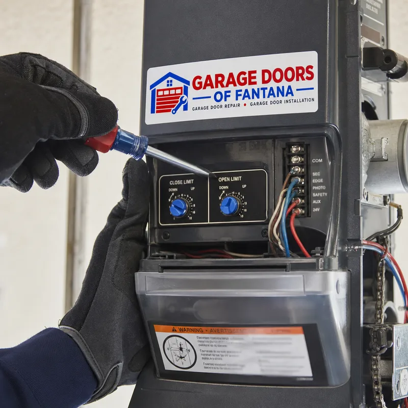 Close-up of a commercial door operator control box and limit setting area on a rolling door motor