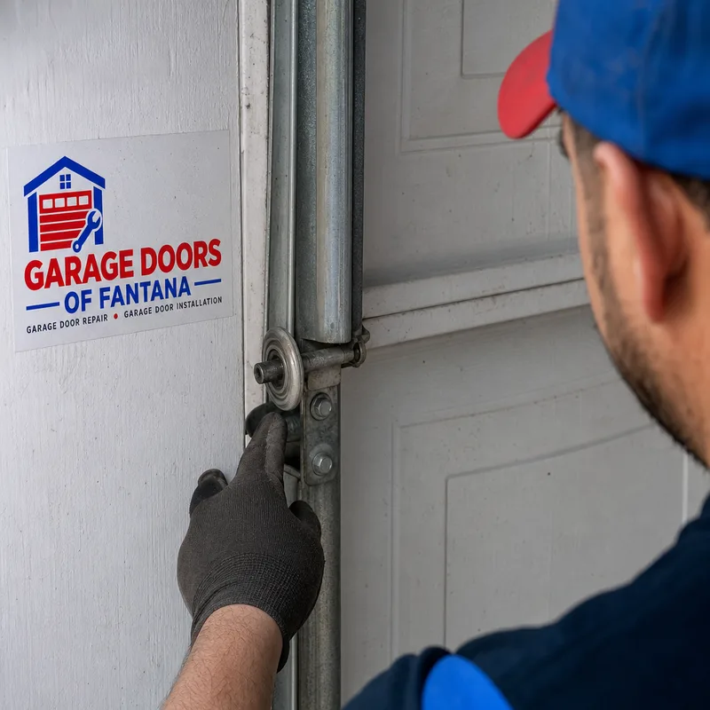 Close-up of a rolling steel door guide with visible wear and misalignment near the jamb