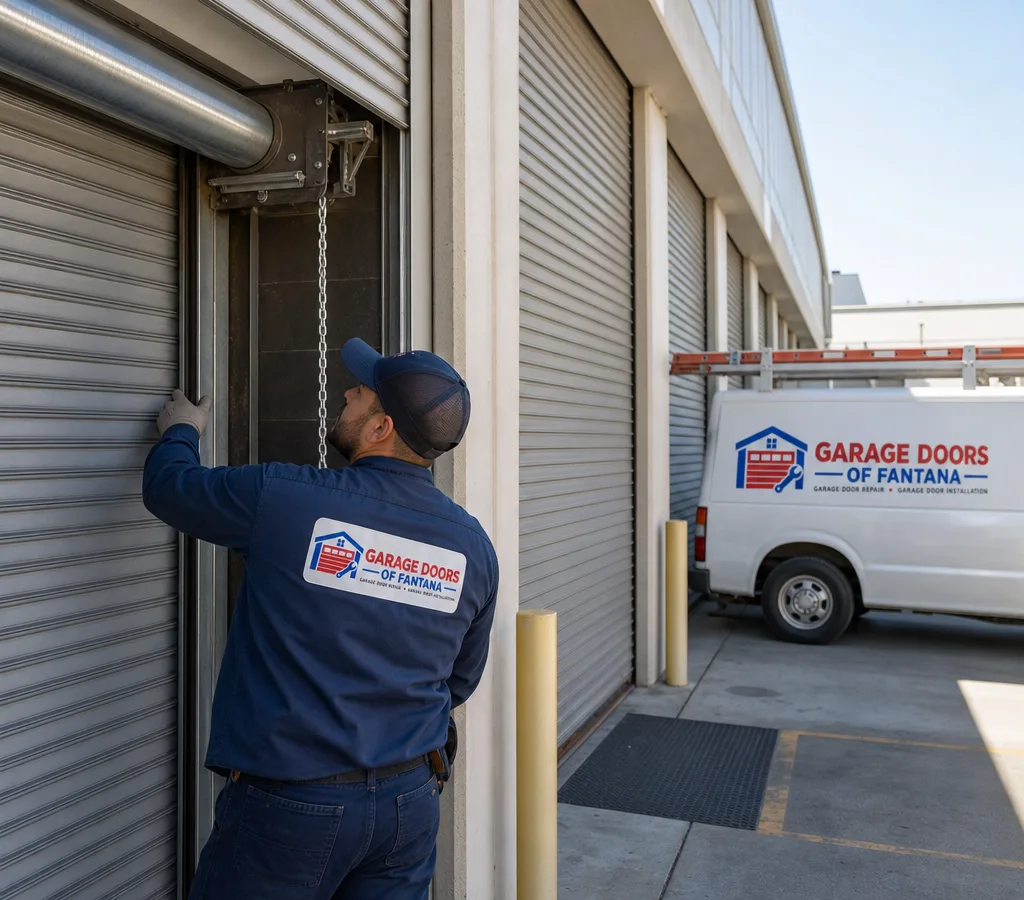 Technician inspecting a commercial roll-up steel door at a warehouse loading bay, focusing on the barrel, guides, and bottom bar