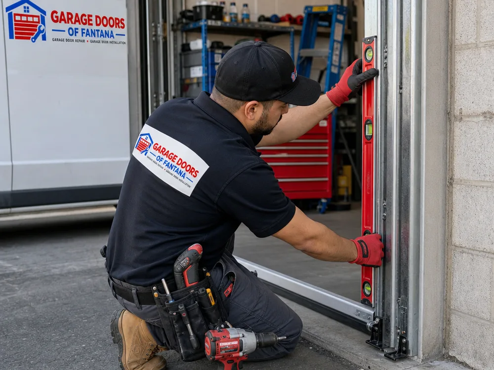 Contractor measuring and checking alignment of roll-up door guides and bottom bar at a commercial opening, with hand tools and level visible