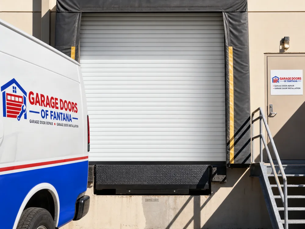 Commercial roll-up door fully closed at a warehouse dock with even seal contact and straight curtain alignment