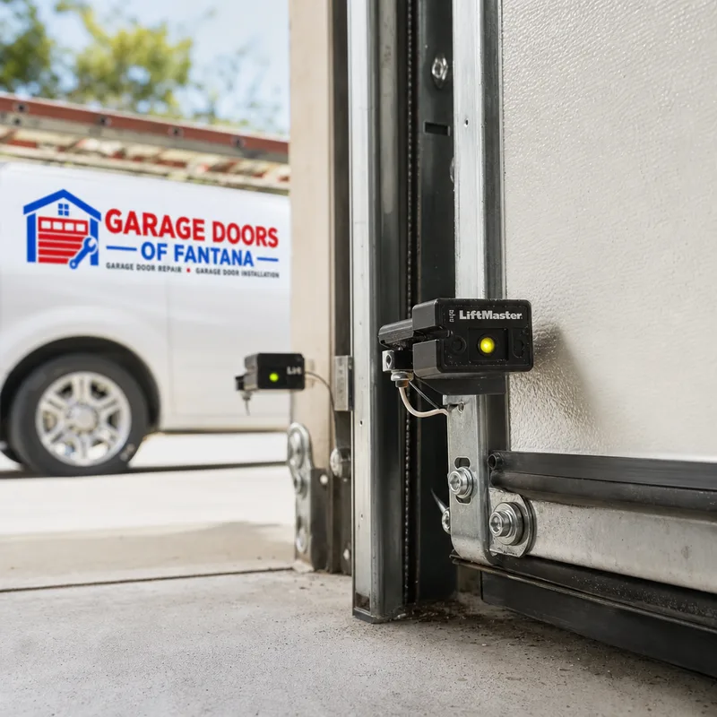 Garage door safety photo-eye sensors with one sensor slightly misaligned