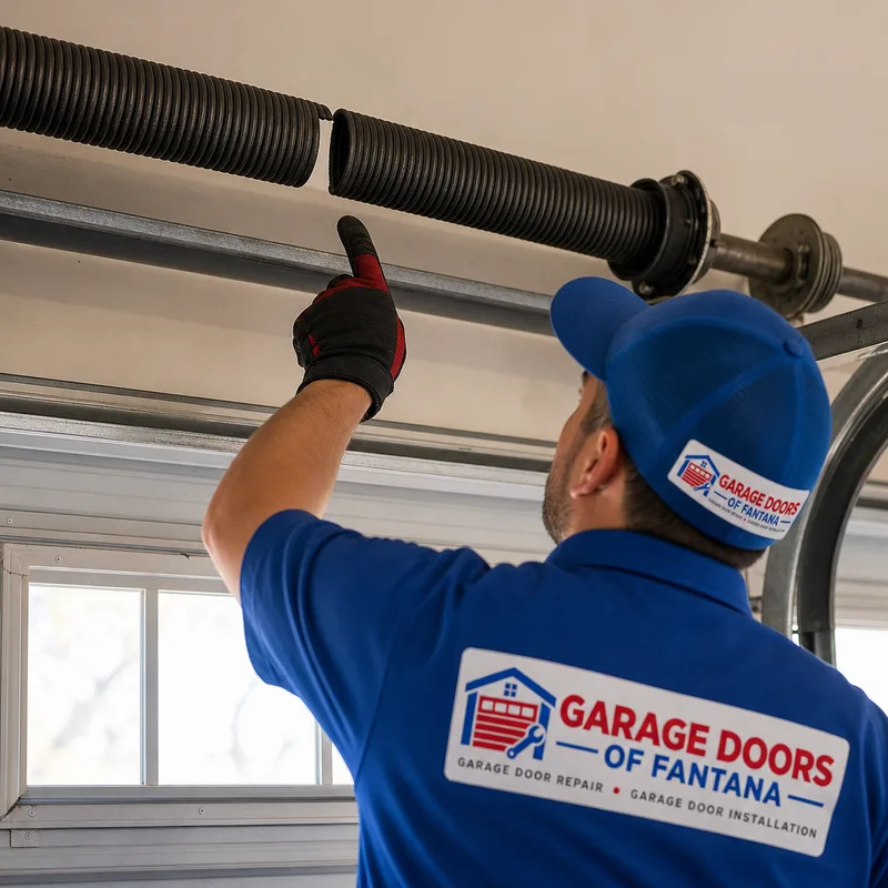 Broken torsion spring with a visible gap in the coil above a garage door