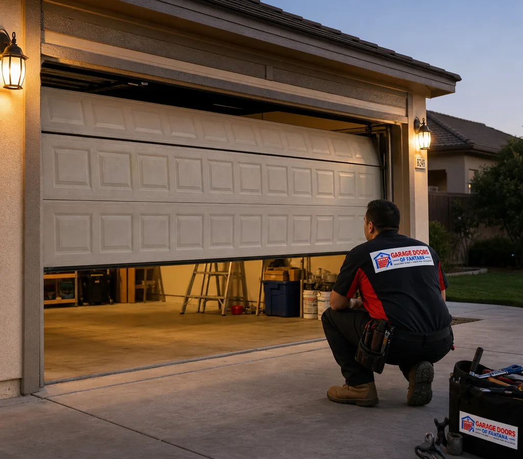 Residential garage door partially open at dusk with interior light visible