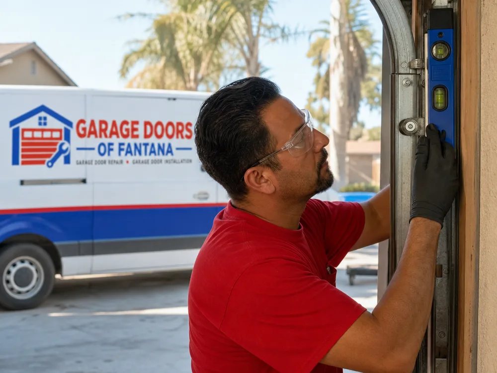 Contractor checking garage door track alignment and roller condition with a level