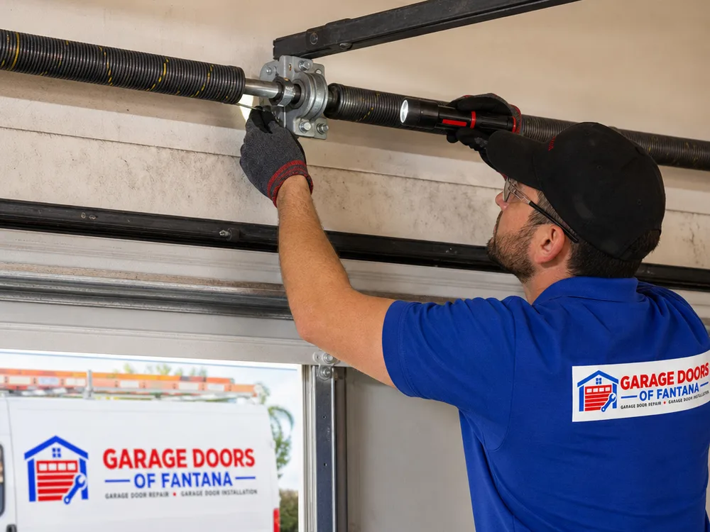 Contractor inspecting a garage door torsion spring and center bearing plate with a flashlight