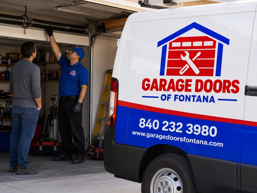 Contractor checking torsion spring hardware and explaining garage door components to a homeowner